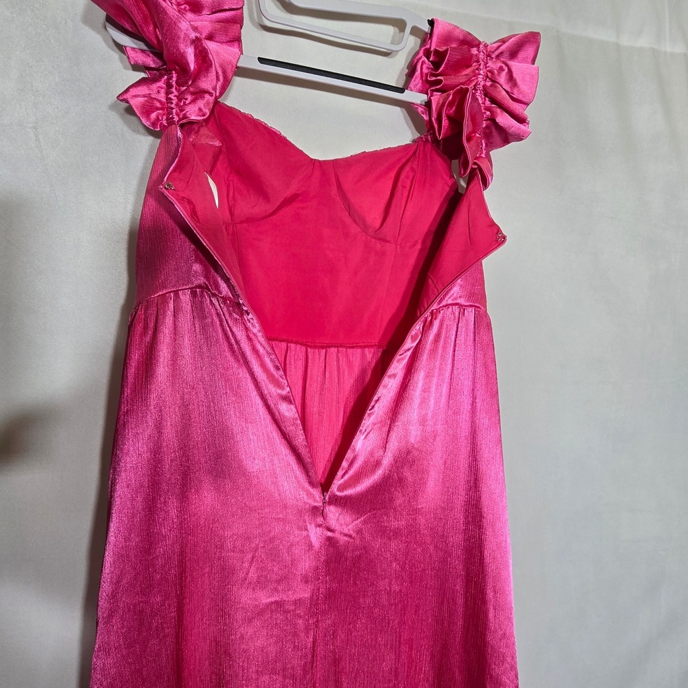 Hello Molly Hot Pink Ruffle Bustier Double Slit Satin Maxi Dress XS USA 2 - Picture 7 of 12